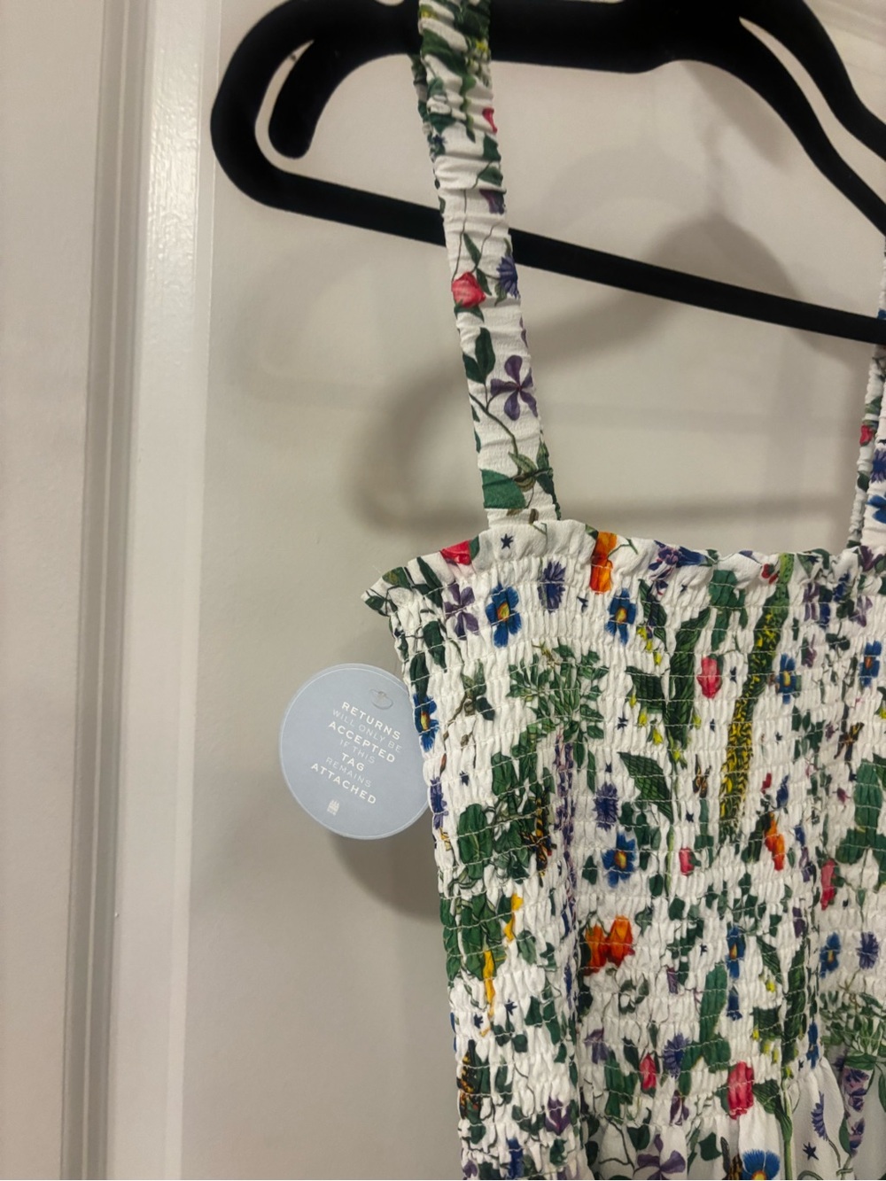 Anjuli Hill House NWT White Botanical Print Smocked Maxi Dress with Ruffle Hem - Picture 3 of 5